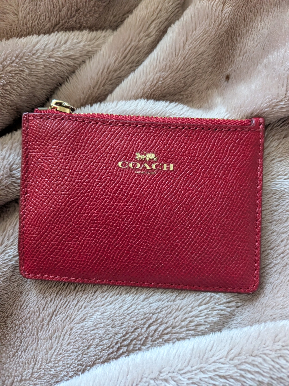 Coach Red Leather Zip Card Case with Gold Logo